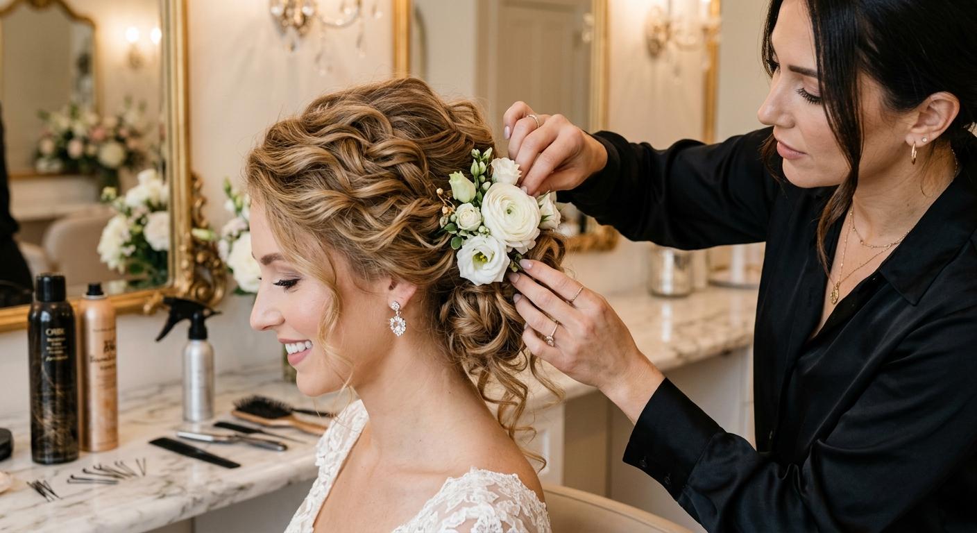 Elite bridal hair updo with soft curls and flowers by The Royal House of Mahi